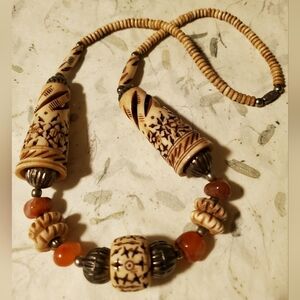 Antique African Tribal Bone & Carnelian Beaded Necklace